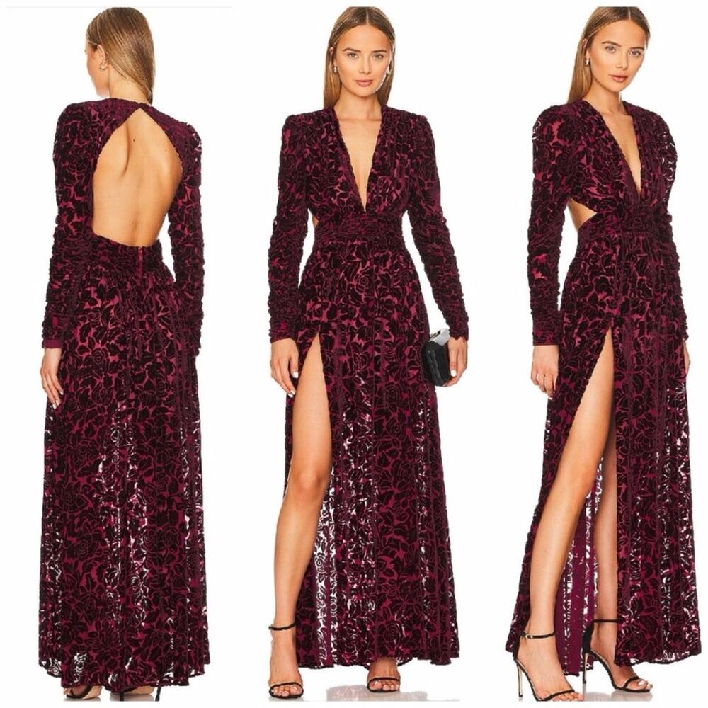 Bronx and Banco Burgundy Velvet Floral Maxi Gown